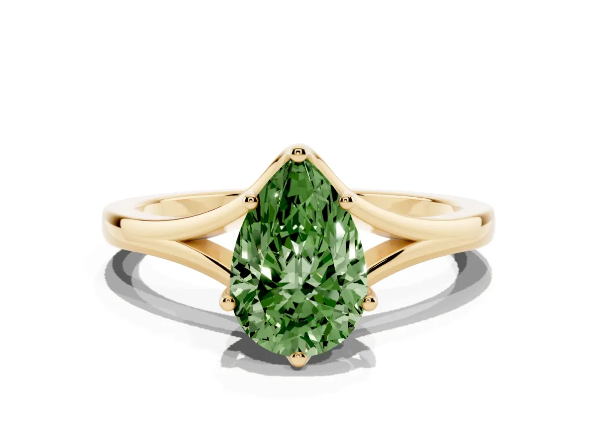 Fancy Green Pear Cut Solitaire Diamond Ring with Six-Prong Setting and Tapered Band Yellow gold