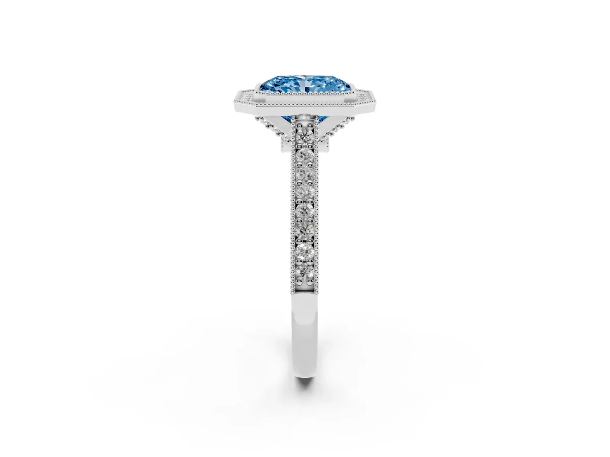 Fancy Blue Halo Radiant Cut-Cut Diamond Pave Band Milgrain Prong Setting Ring Silver