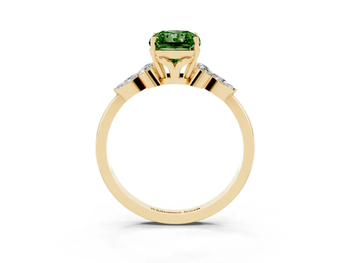 Fancy Green Radiant Cut Brilliant Diamond Solitaire Ring with Pear Side Stones and Four-Prong Setting Yellow gold