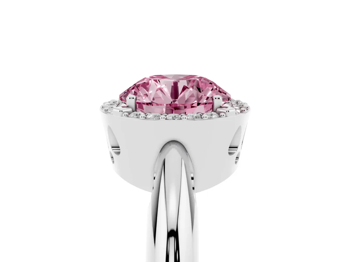 Fancy Pink Round Cut Cut Diamond Halo Engagement Ring with Split Shank and Four-Prong Setting Silver