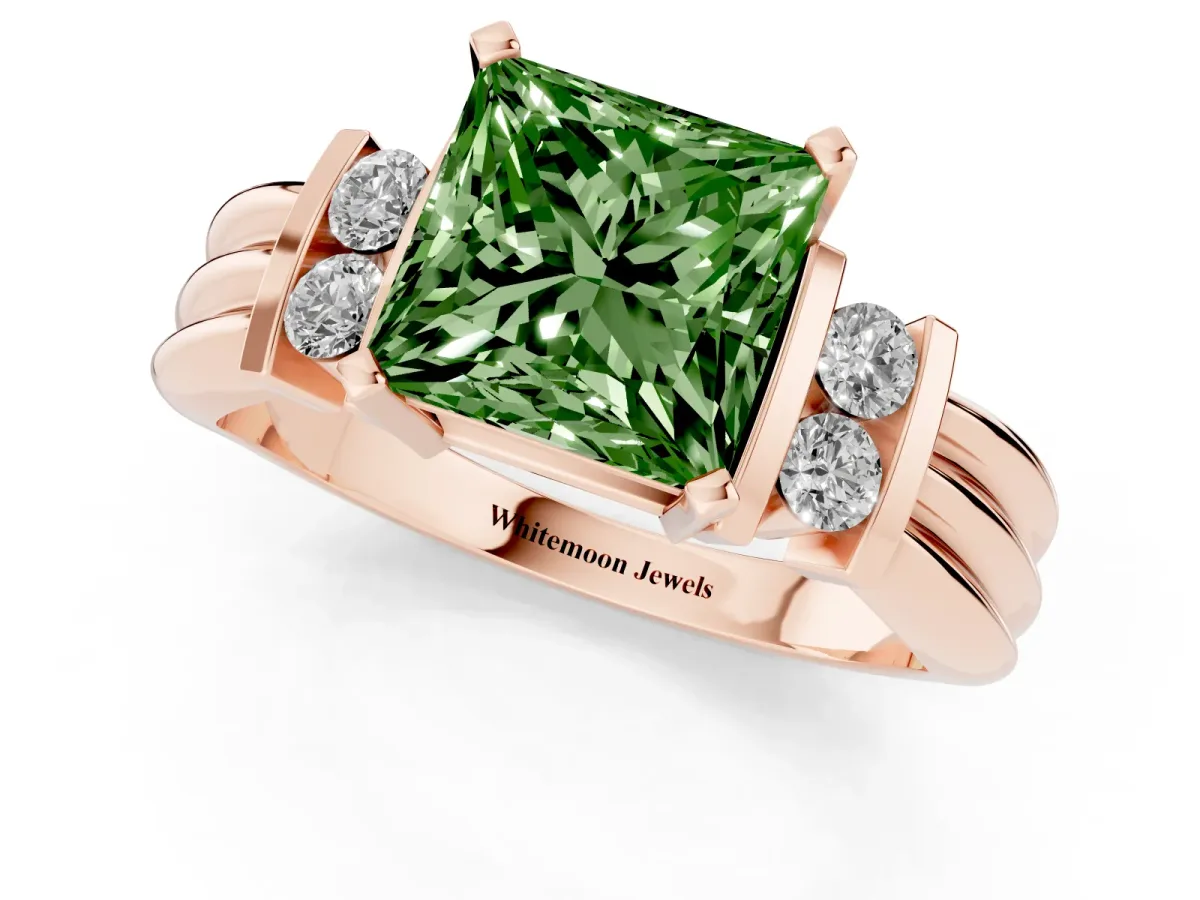 Fancy Green Princess Cut Cut Three-Stone Channel Set Ring with Bar Prongs Rose gold