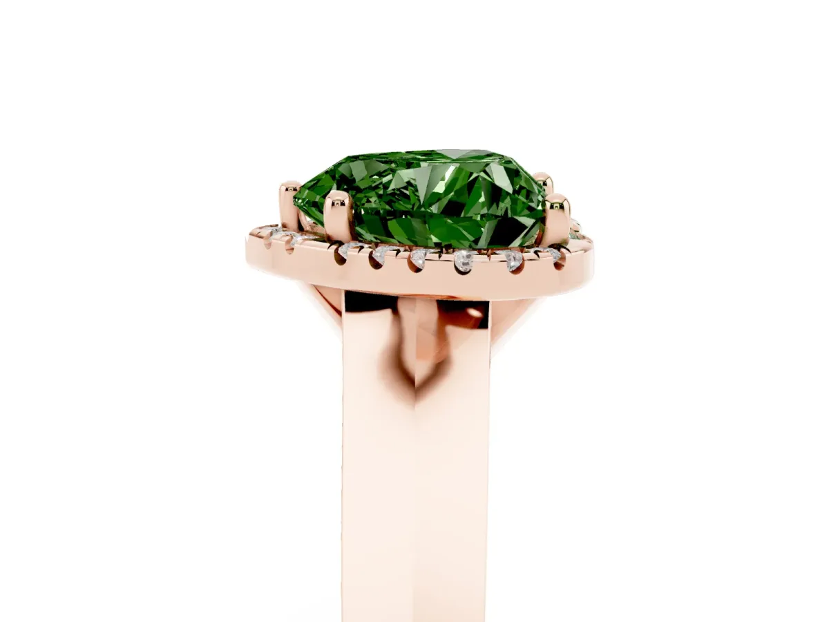 Fancy Green Heart Cut Halo Diamond Ring with Cathedral Band and Four-Prong Setting Rose gold