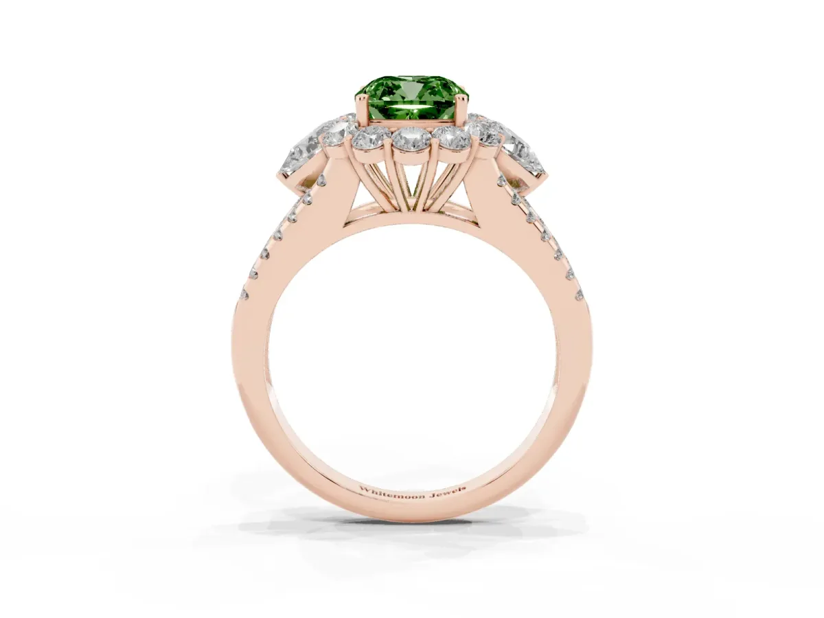 Fancy Green Cushion Cut Halo Split Shank Diamond Engagement Ring with Prong Setting Rose gold