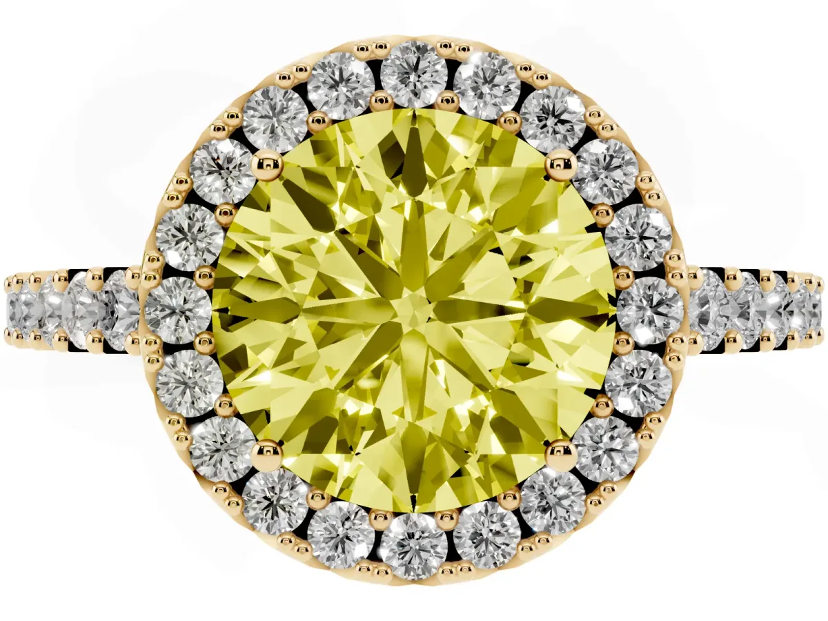 Fancy Yellow Round Cut Halo Diamond Pavé Solitaire Ring Yellow gold