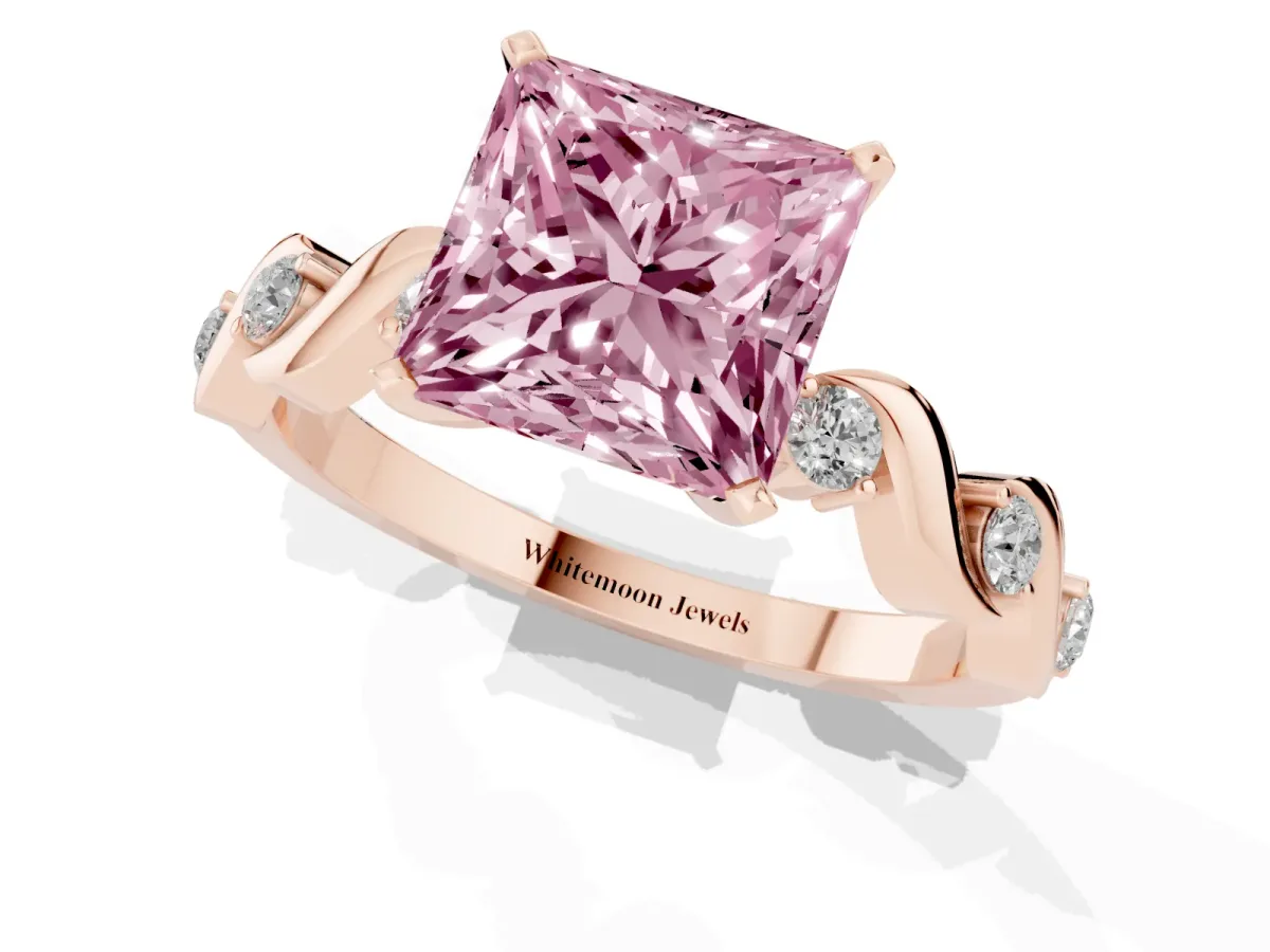 Fancy Pink Princess Cut Diamond Solitaire Twisted Band with Round Accents and Prong Setting Rose gold