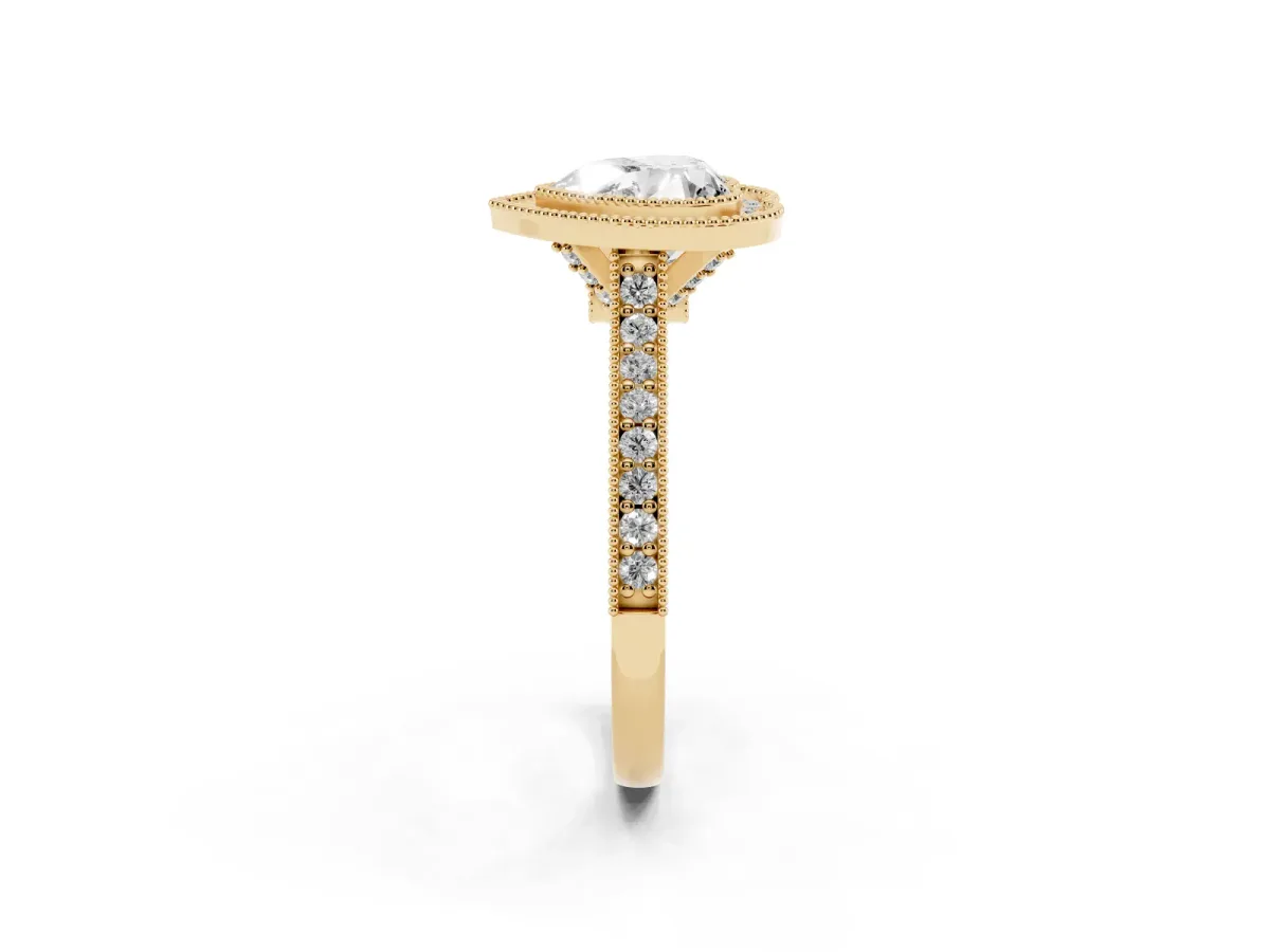 Halo Heart Cut-Cut Diamond Pave Band Milgrain Prong Setting Ring Yellow gold