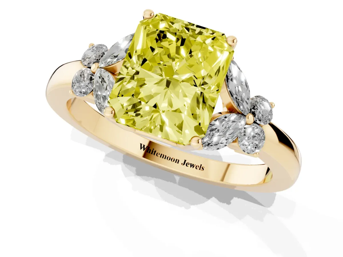 Fancy Yellow Radiant Cut Cut Solitaire Floral Diamond Ring with Four-Prong Setting Yellow gold