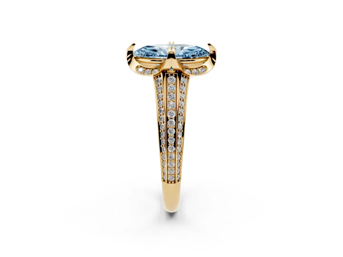 Fancy Blue Marquise Cut Solitaire Pave Split Shank Ring with Four-Prong Setting Yellow gold