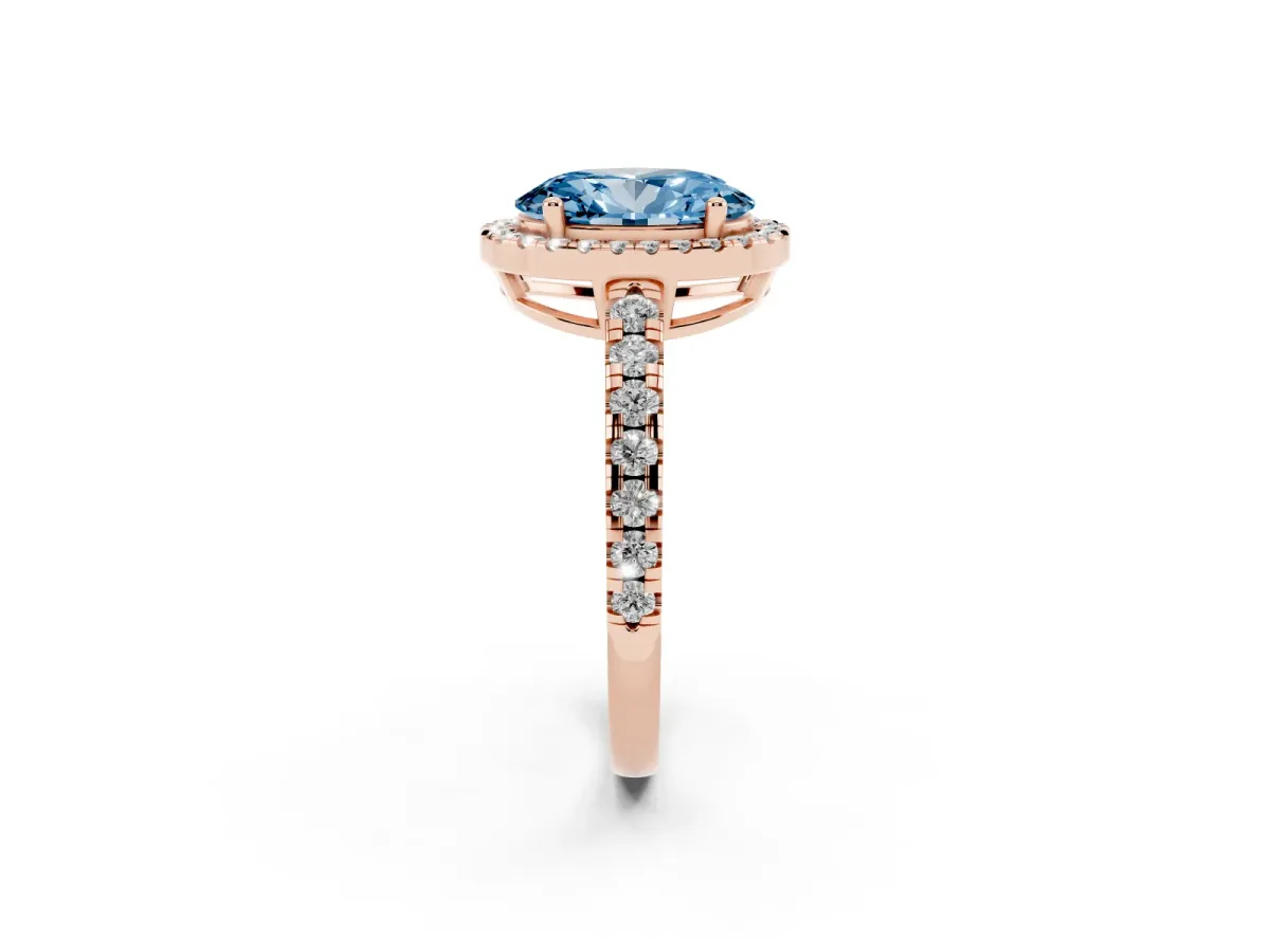 Fancy Blue Oval Cut Diamond Halo Ring with Pavé Band and Four-Prong Setting Rose gold