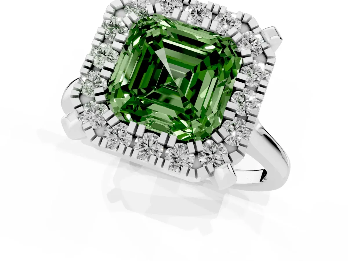 Fancy Green Asscher Cut Diamond Cluster Halo Solitaire with Four-Prong Setting Silver