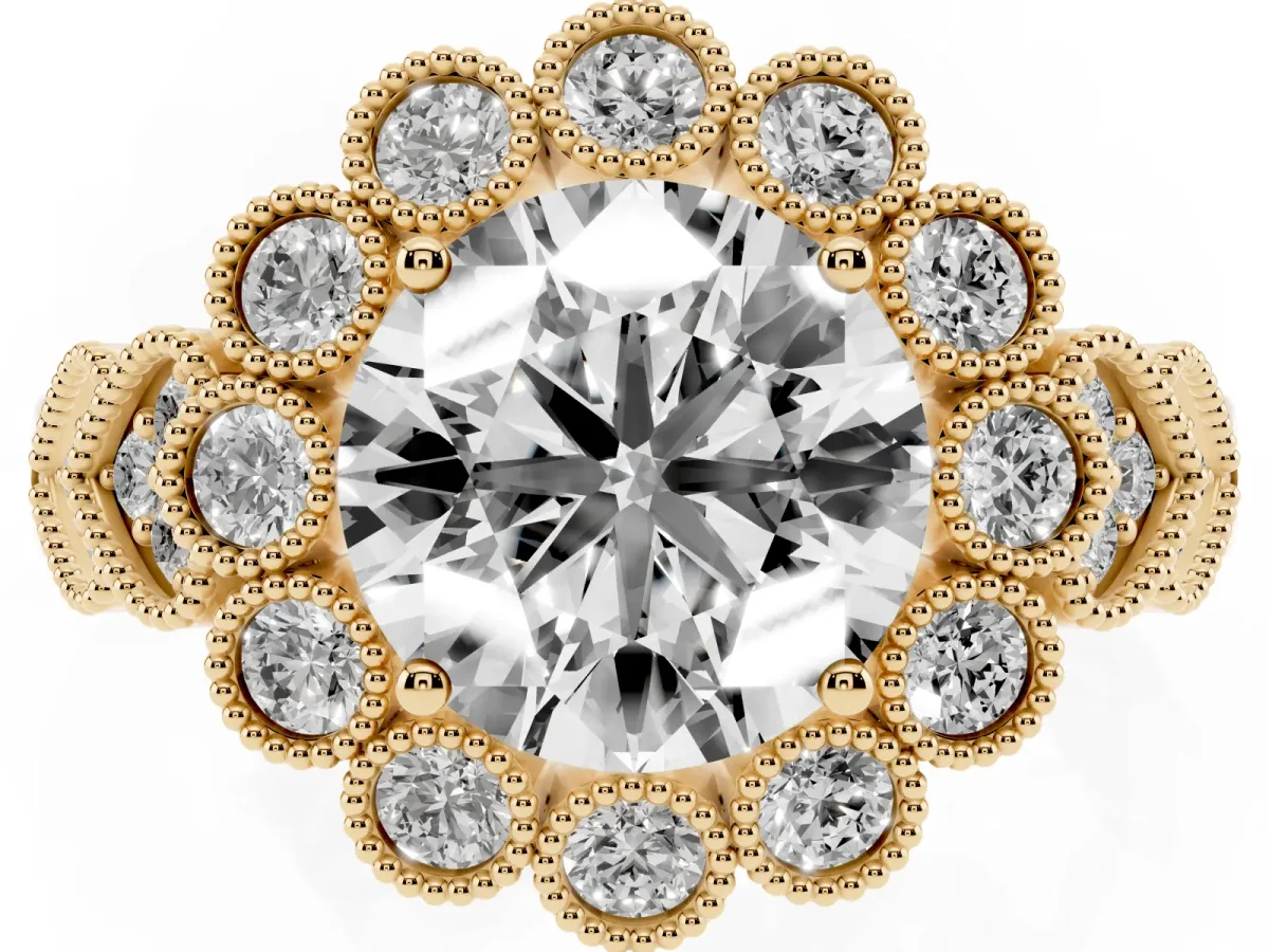 Round Cut Brilliant Milgrain Pave Heart Band Solitaire Ring Yellow gold