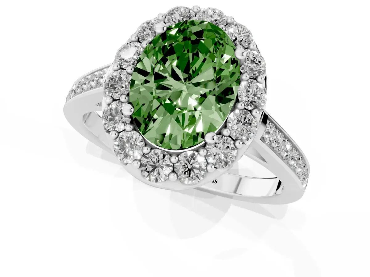 Fancy Green Oval Cut Diamond Floral Halo Ring with Pavé Band and Prong Setting White gold