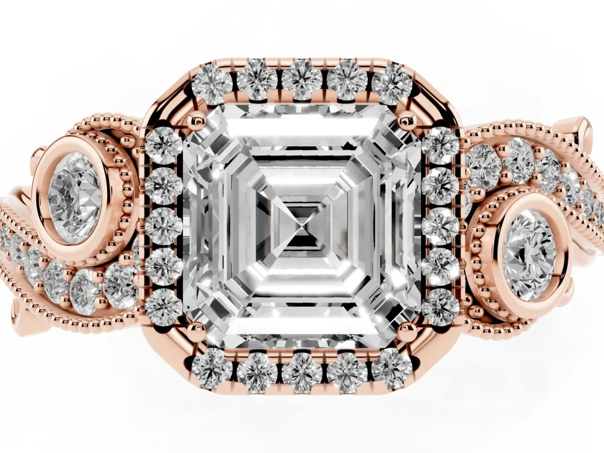 Asscher Cut Diamond Halo Ring with Milgrain Pavé Band and Four-Prong Setting Rose gold