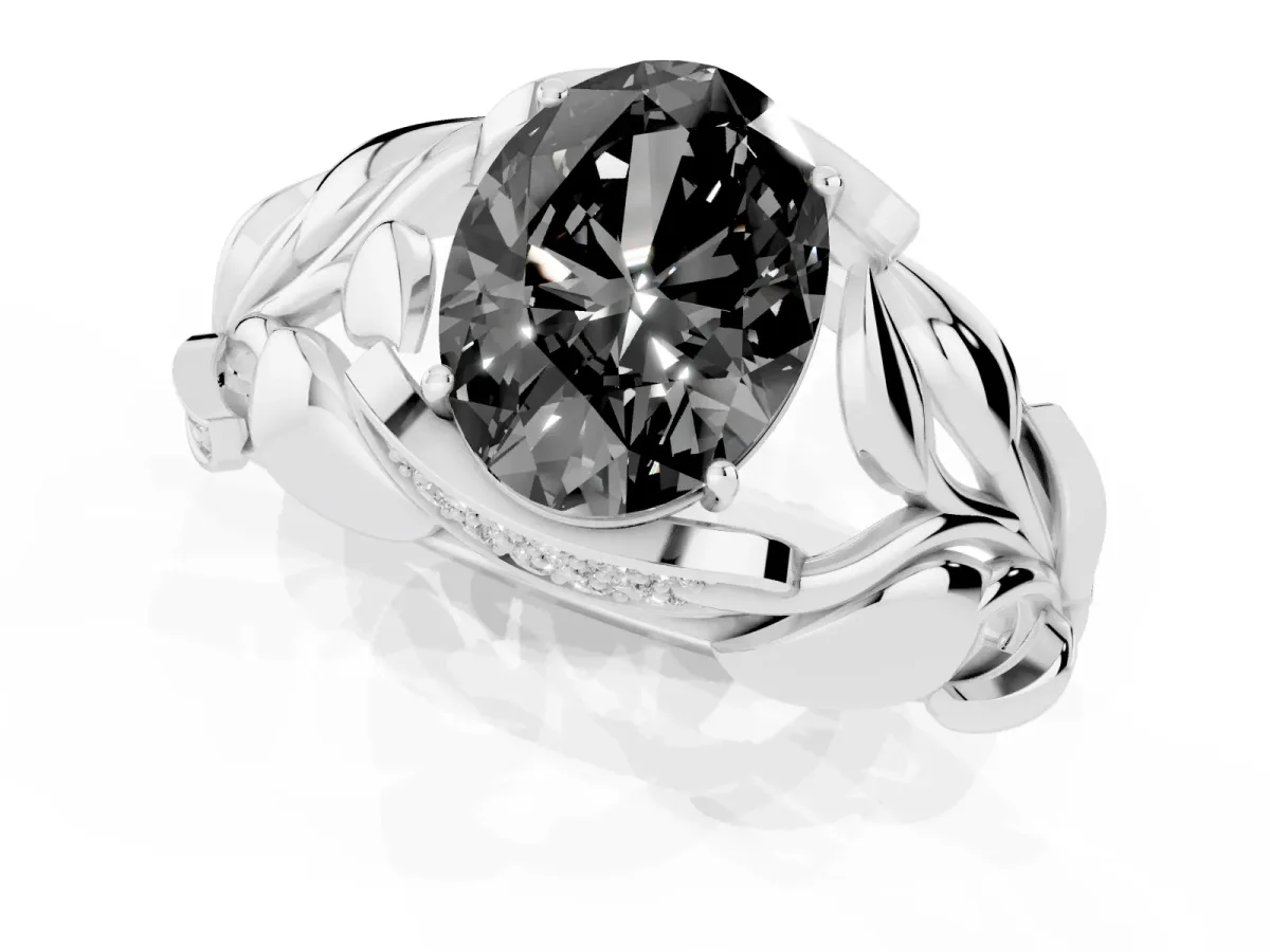 Fancy Black Oval Cut Diamond Leaf-Inspired Engagement Ring with Round Accents and Prong Setting Silver