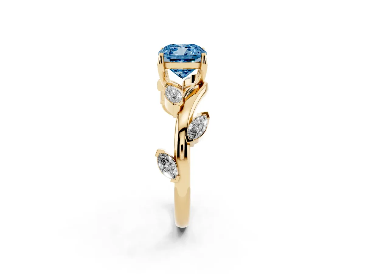 Fancy Blue Cushion Cut Solitaire Twisted Band Marquise Accent Prong Setting Ring Yellow gold