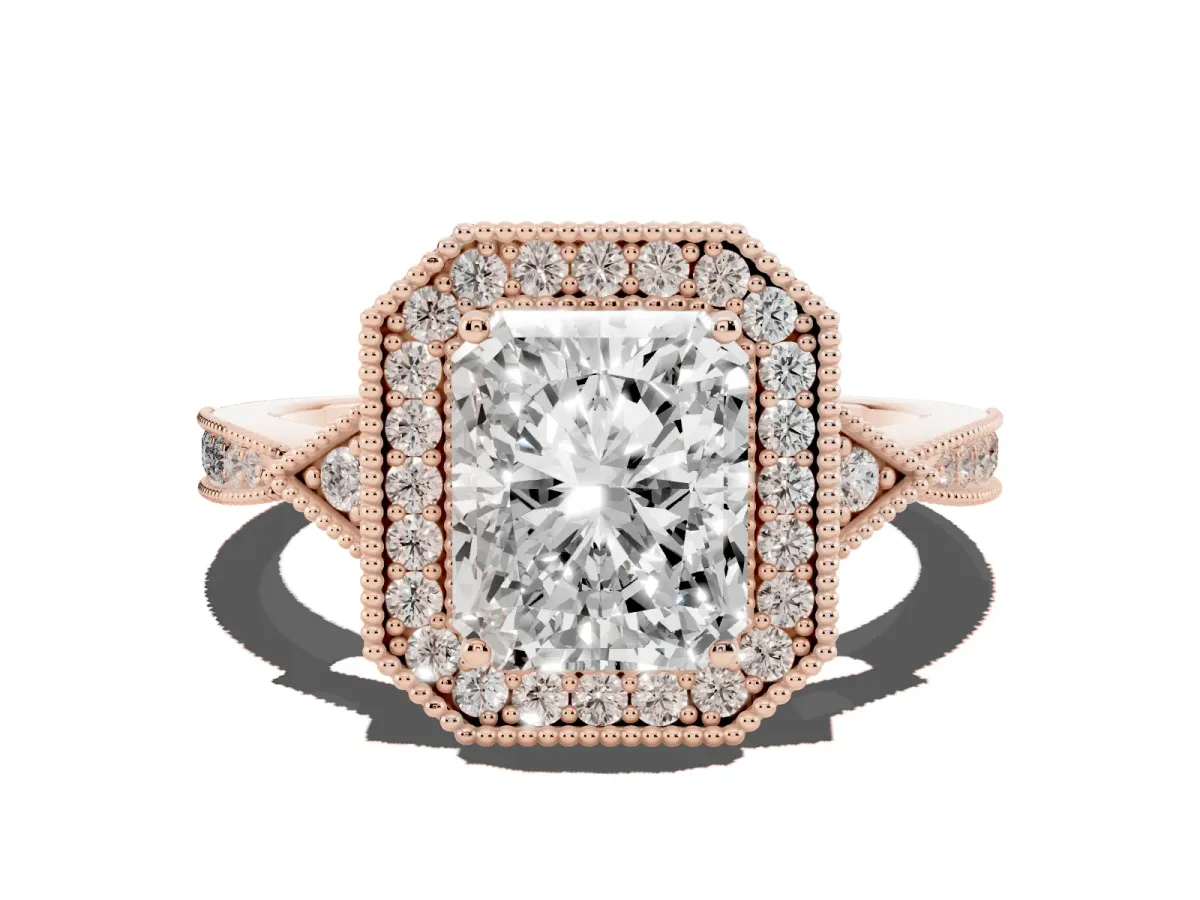 Radiant Cut Halo Round Diamond Milgrain Pave Engagement Ring Rose gold