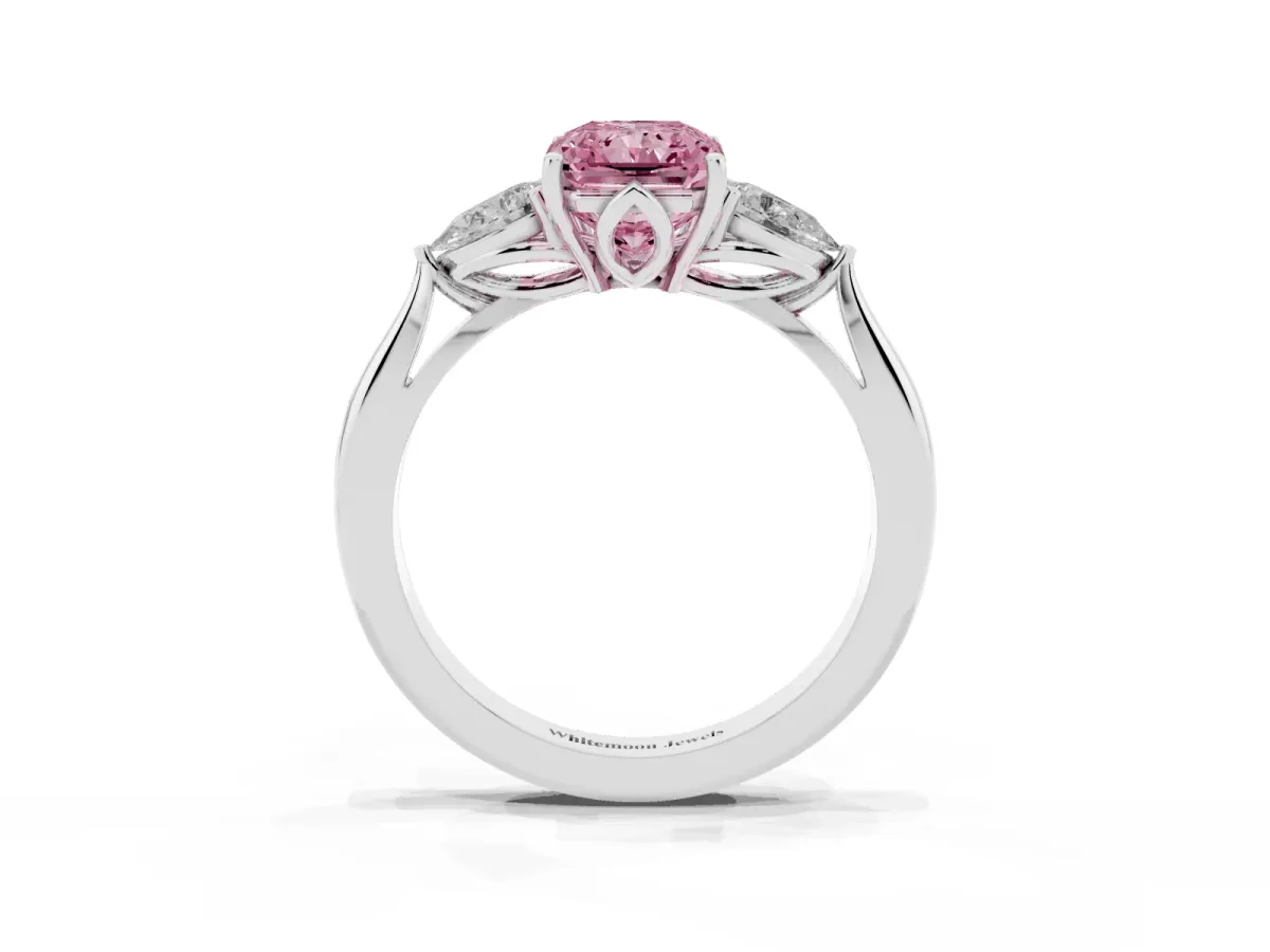 Fancy Pink Three-Stone Radiant Cut Brilliant Diamond Solitaire Ring with Tapered Band and Four-Prong Setting Silver