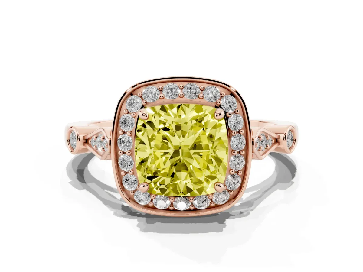 Fancy Yellow Cushion Cut Halo Diamond Engagement Ring with Twisted Band and Four-Prong Setting Rose gold