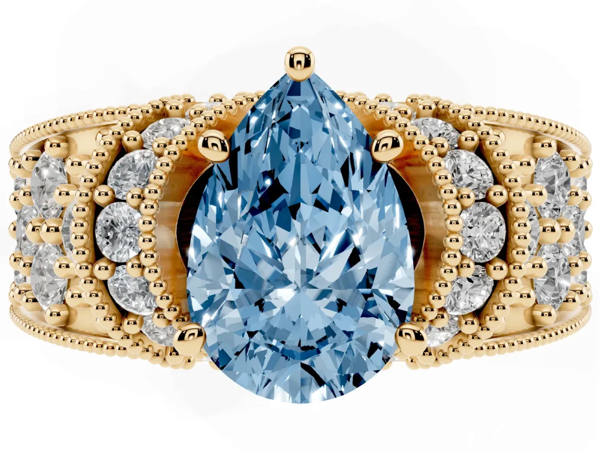 Fancy Blue Pear Cut Halo Pave Diamond Engagement Ring with Milgrain Detailing Yellow gold