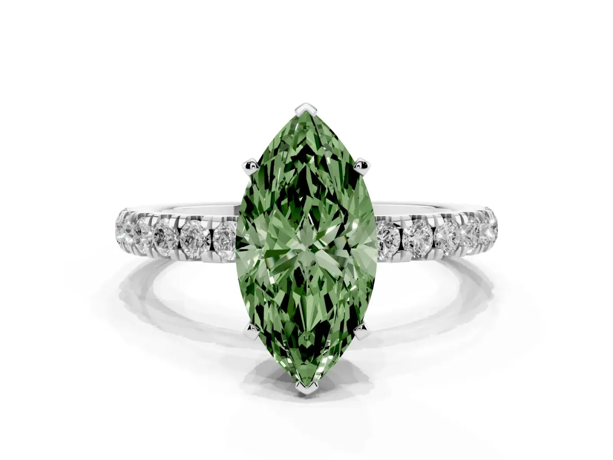 Fancy Green Marquise Cut Diamond Solitaire Ring with Pavé Accents and Four-Prong Setting Platinum