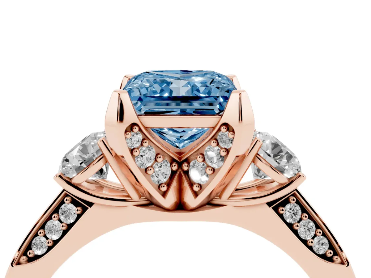 Fancy Blue Princess Cut Brilliant Three-Stone Diamond Ring with Pavé Band and Four-Prong Setting Rose gold