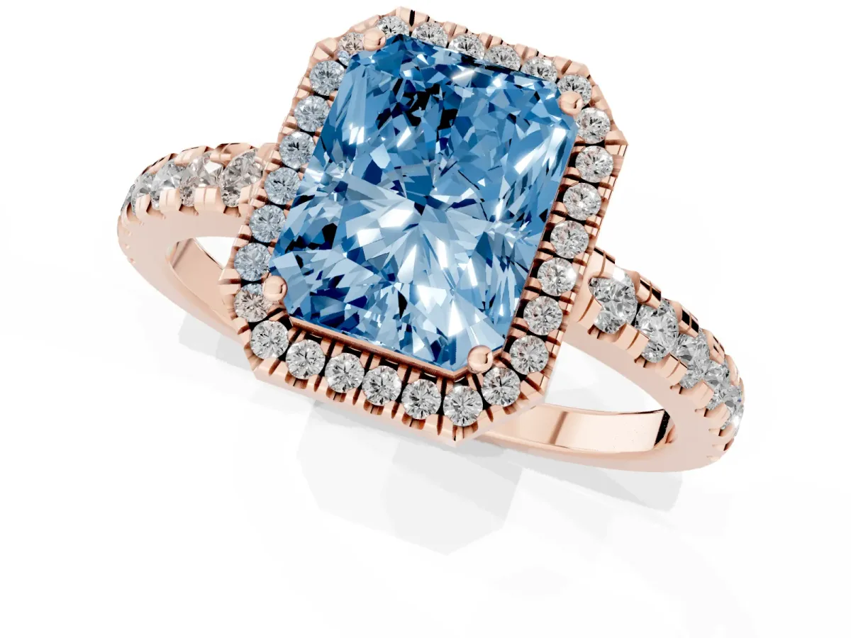 Fancy Blue Radiant Cut Diamond Halo Ring with Pavé Band and Four-Prong Setting Rose gold