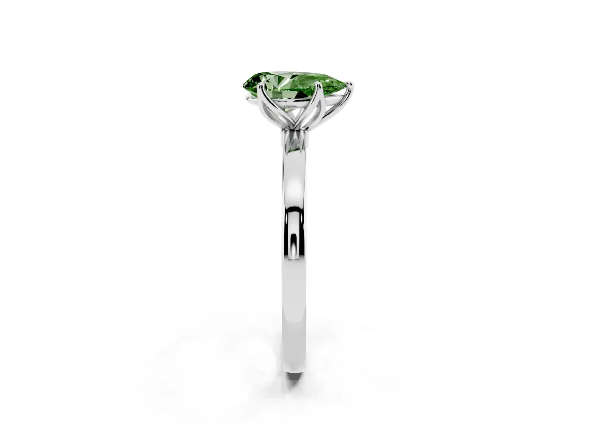 Fancy Green Pear Cut Diamond Solitaire Ring with Thin Band and Prong Setting White gold