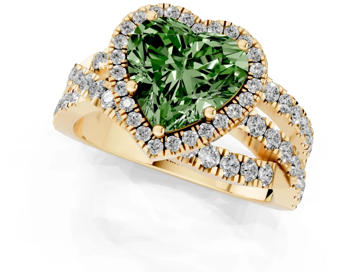 Fancy Green Heart Cut Diamond Halo Ring with Round Split Shank and Prong Setting Yellow gold