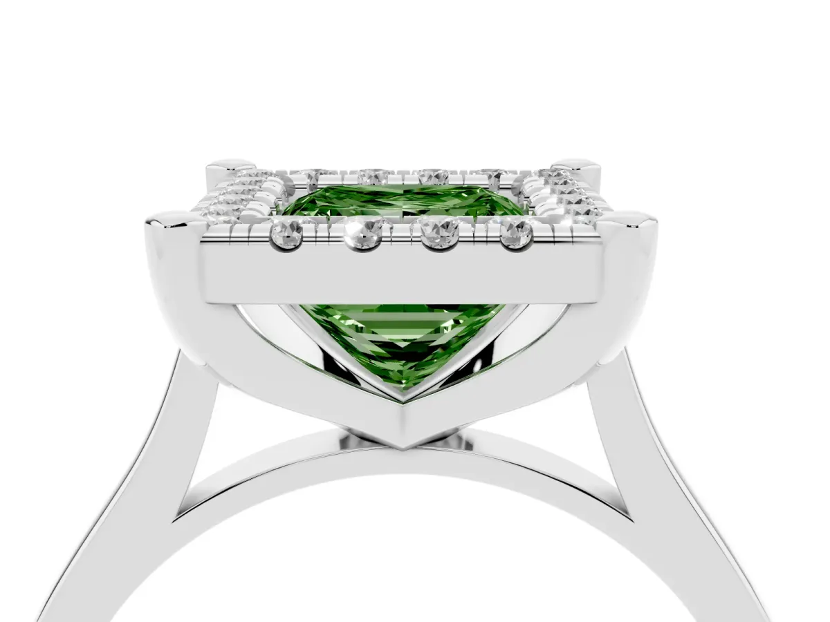 Fancy Green Princess Cut Diamond Cluster Halo Solitaire with Four-Prong Setting Silver
