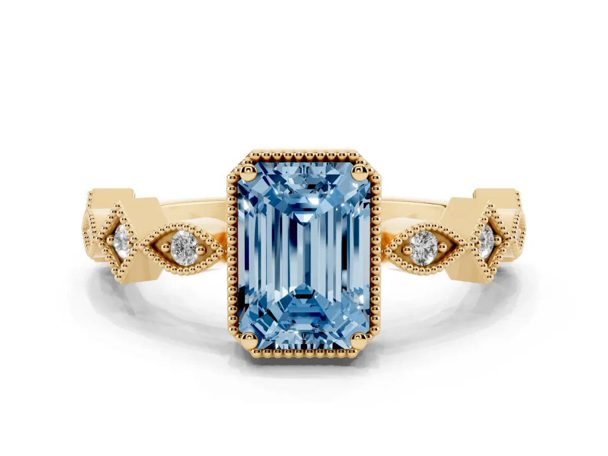 Fancy Blue Emerald Cut Milgrain Marquise Diamond Twist Band Ring Yellow gold