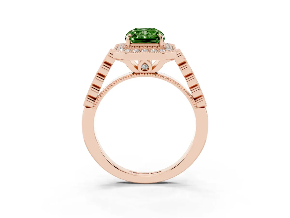 Fancy Green Radiant Cut Halo Milgrain Solitaire with Bezel Set Side Stones and Pave Band Rose gold