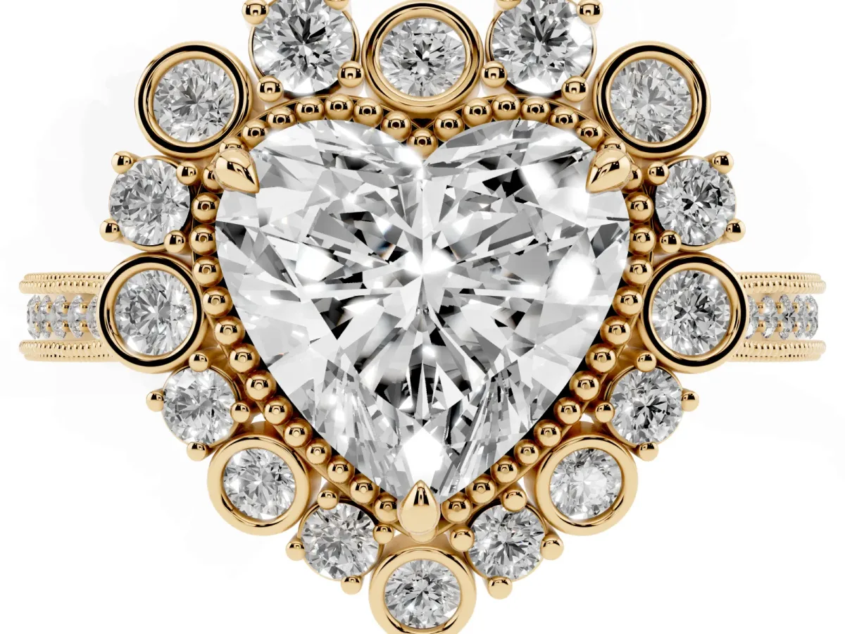 Heart Cut Halo Milgrain Pave Diamond Ring with Four-Prong Setting Yellow gold