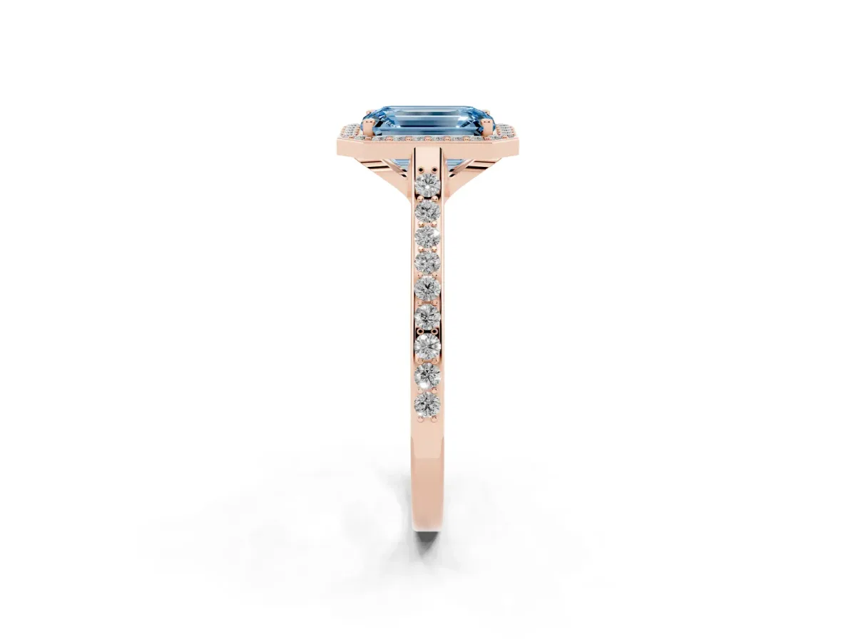 Fancy Blue Emerald Cut Diamond Halo Engagement Ring with Round Pavé Shoulders and Prong Setting Rose gold