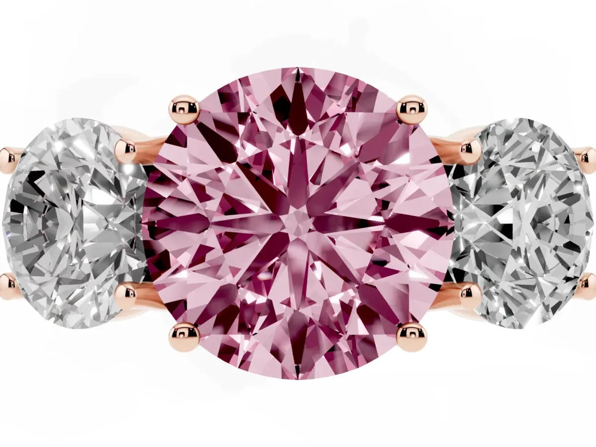 Fancy Pink Three-Stone Round Cut Diamond Engagement Ring with Prong Setting Rose gold