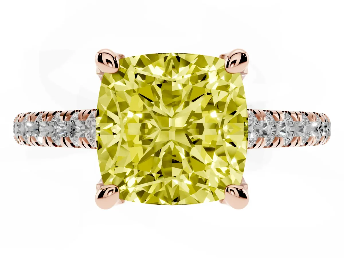 Fancy Yellow Cushion Cut Brilliant Diamond Solitaire with Pavé Band and Four-Prong Setting Rose gold