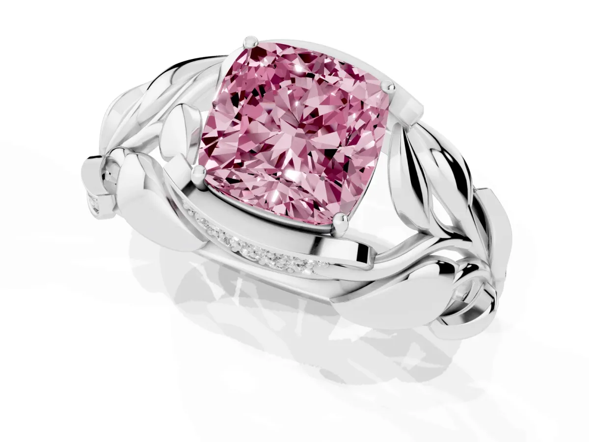 Fancy Pink Cushion Cut Diamond Leaf-Inspired Engagement Ring with Round Accents and Prong Setting Platinum