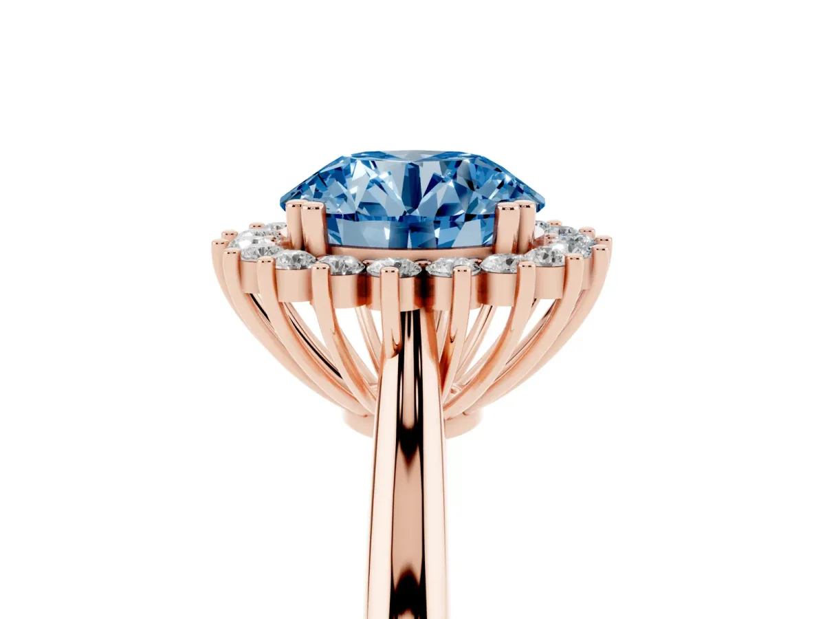 Fancy Blue Round Cut Cut Diamond Halo Ring with Solitaire Band and Prong Setting Rose gold