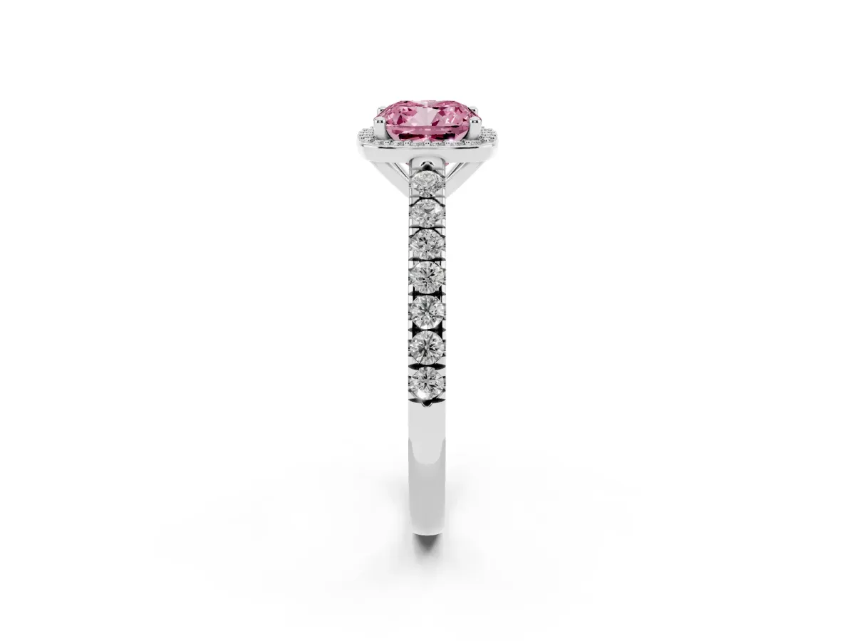 Fancy Pink Cushion Cut Cut Halo Diamond Engagement Ring with Pave Band and Four-Prong Setting Silver