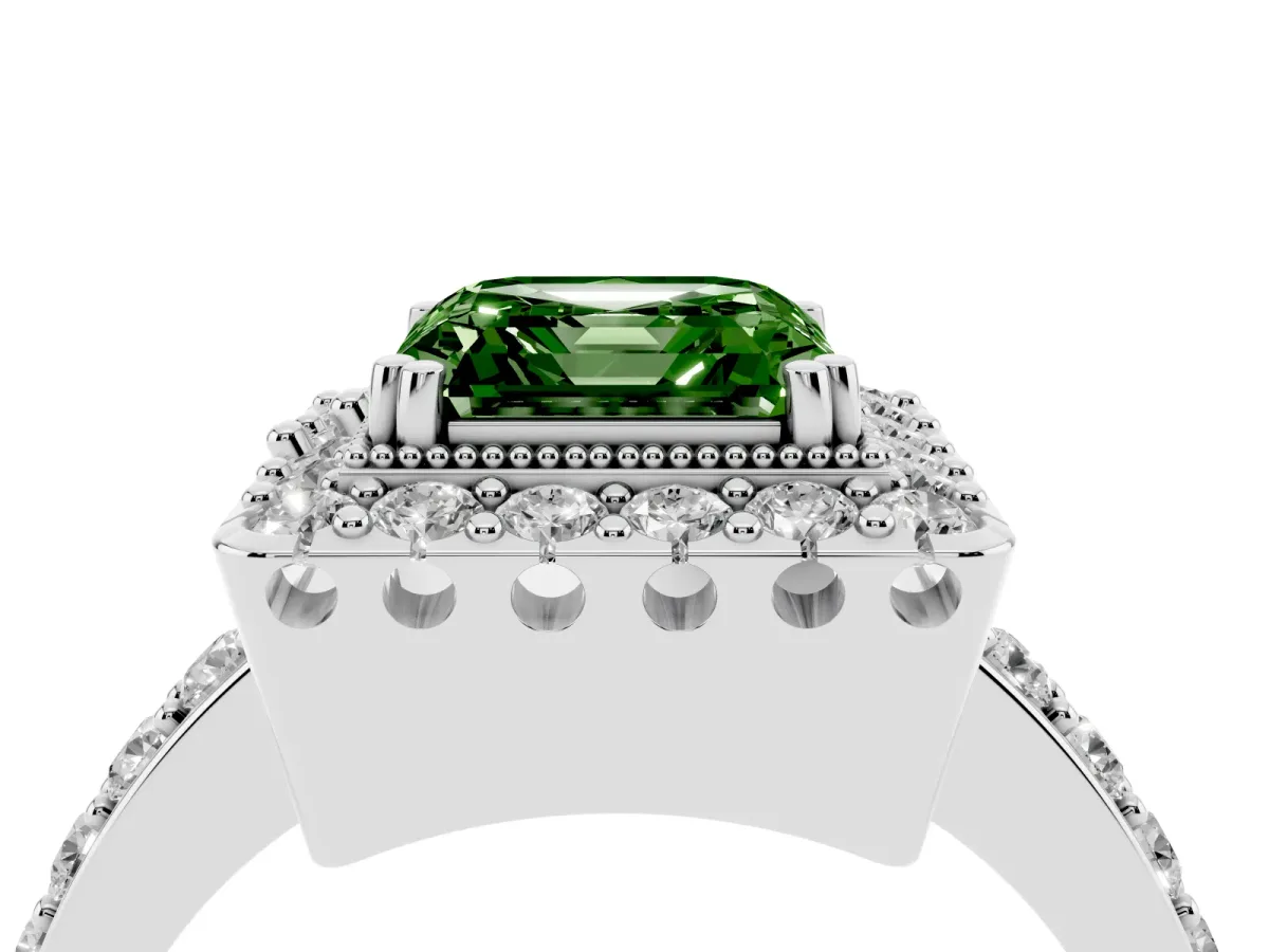 Fancy Green Asscher Cut Diamond Halo Ring with Pavé Band and Prong Setting White gold
