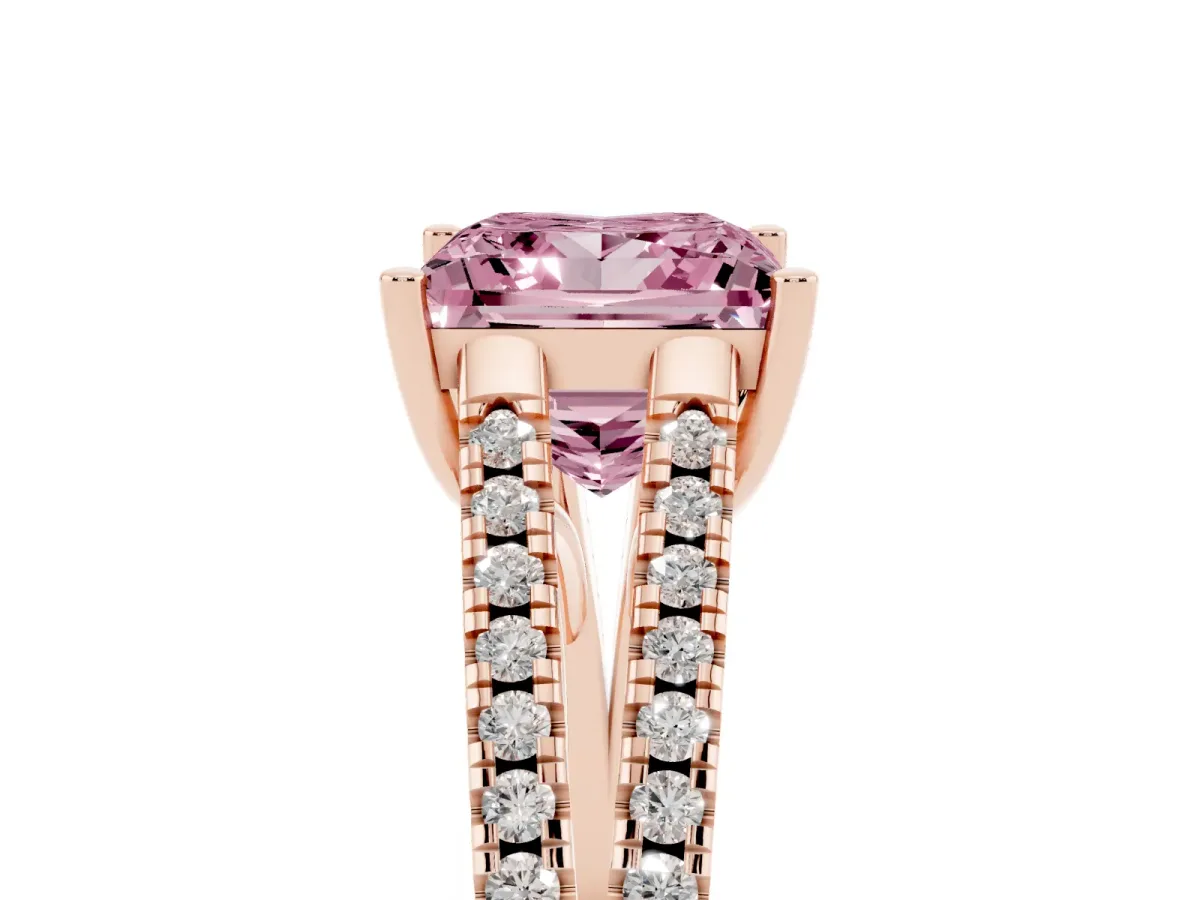 Fancy Pink Princess Cut Diamond Solitaire Engagement Ring with Split Shank Pavé Band Rose gold