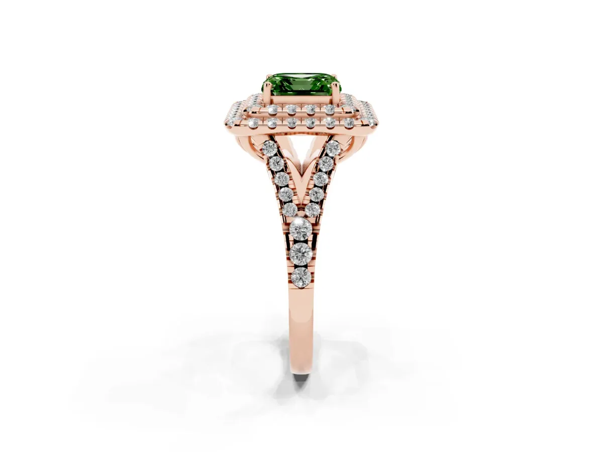 Fancy Green Double Halo Asscher Cut Diamond Pavé Split Shank Ring with Prong Setting Rose gold