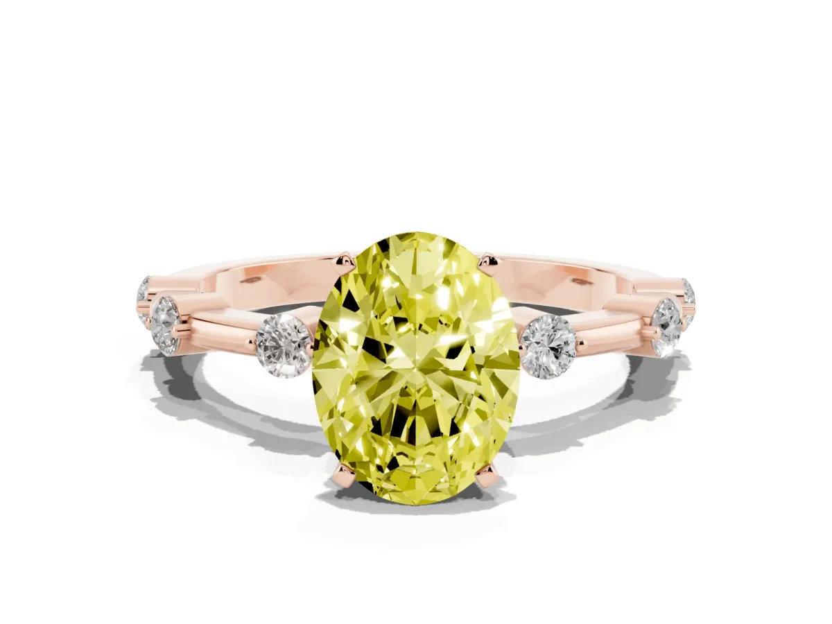 Fancy Yellow Oval Cut Solitaire Diamond Ring with Bezel Set Side Stones and Prong Setting Rose gold