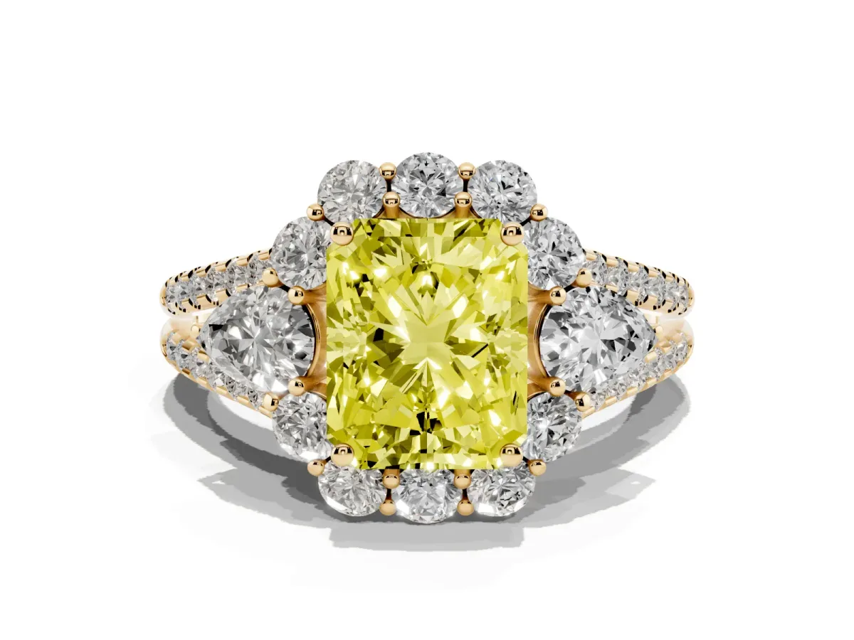 Fancy Yellow Radiant Cut Halo Split Shank Diamond Engagement Ring with Prong Setting Yellow gold