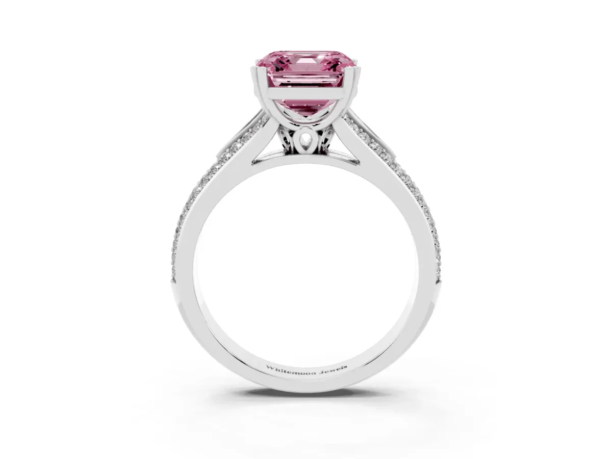 Fancy Pink Asscher Cut Diamond Split Shank Engagement Ring with Pavé Band Silver