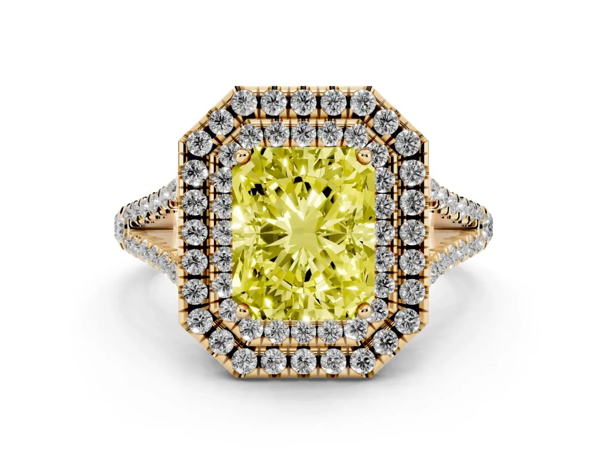 Fancy Yellow Radiant Cut Diamond Double Halo Ring with Pavé Band and Prong Setting Yellow gold
