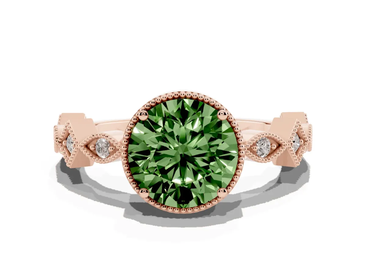 Fancy Green Round Cut Milgrain Marquise Diamond Twist Band Ring Rose gold