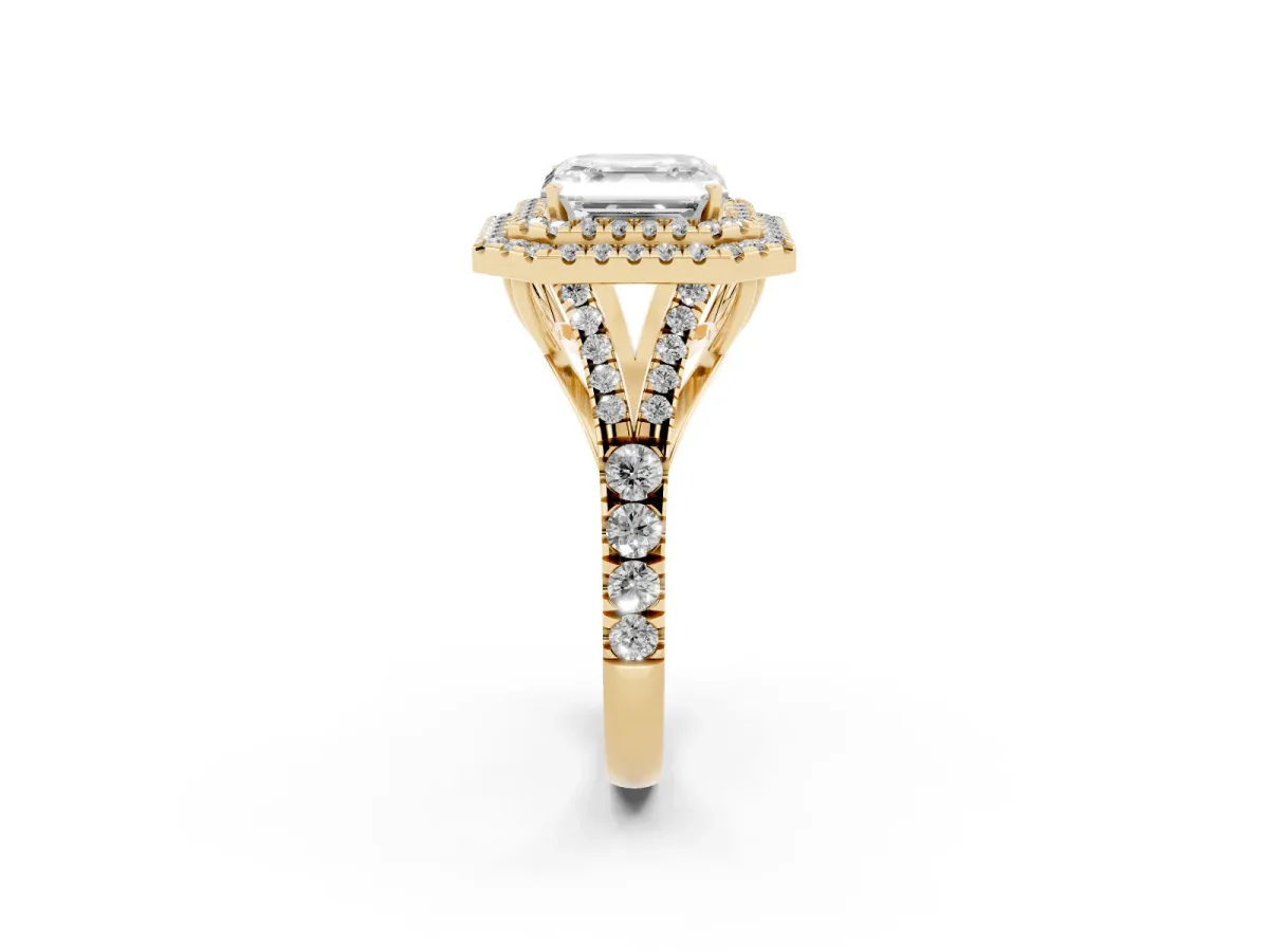 Asscher Cut Diamond Pavé Split Shank Double Halo Engagement Ring Yellow gold