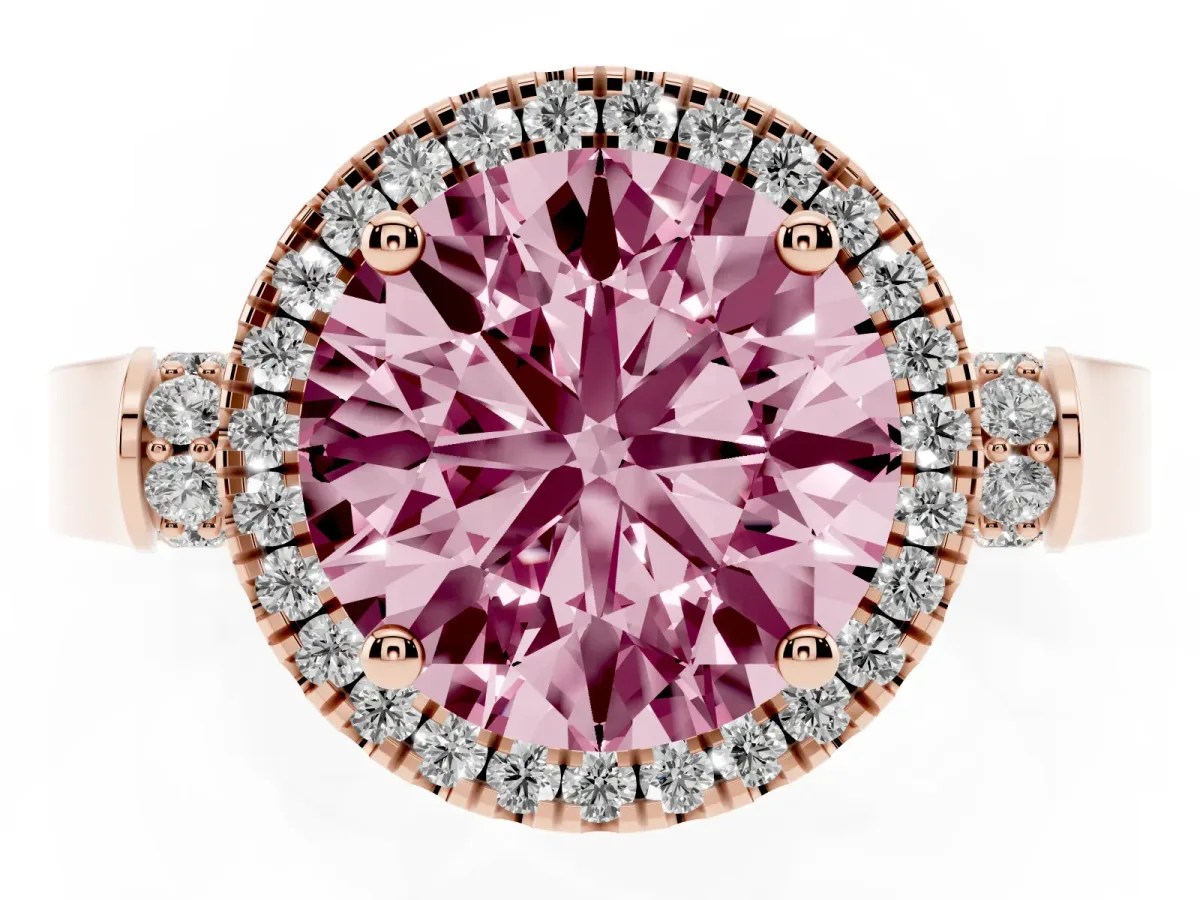 Fancy Pink Round Cut Halo Round Diamond Twist Band with Four-Prong Setting Rose gold