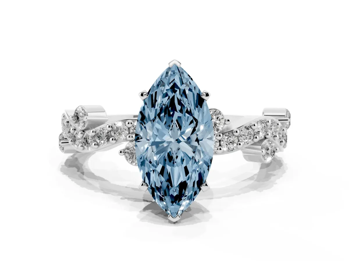 Fancy Blue Marquise Cut Cut Solitaire Diamond Twisted Band with Pave Setting Platinum