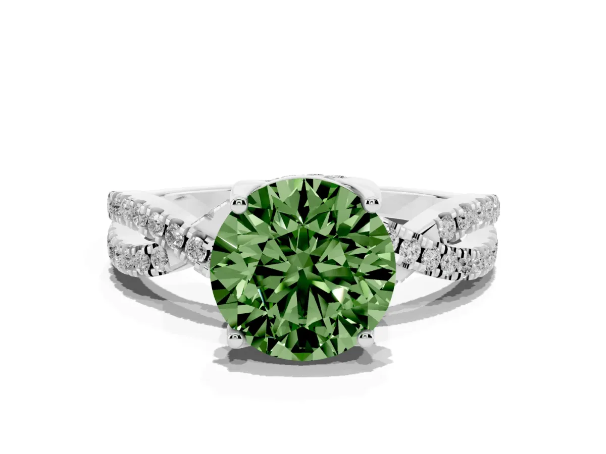 Fancy Green Round Cut Solitaire Twist Pave Diamond Engagement Ring with Prong Setting Silver